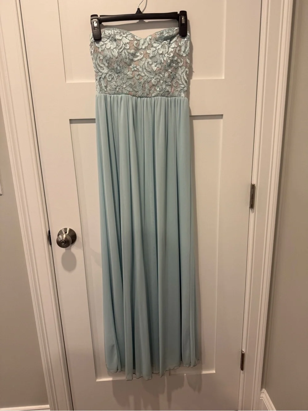 Speechless Strapless Lace & Chiffon Gown in Dust Blue